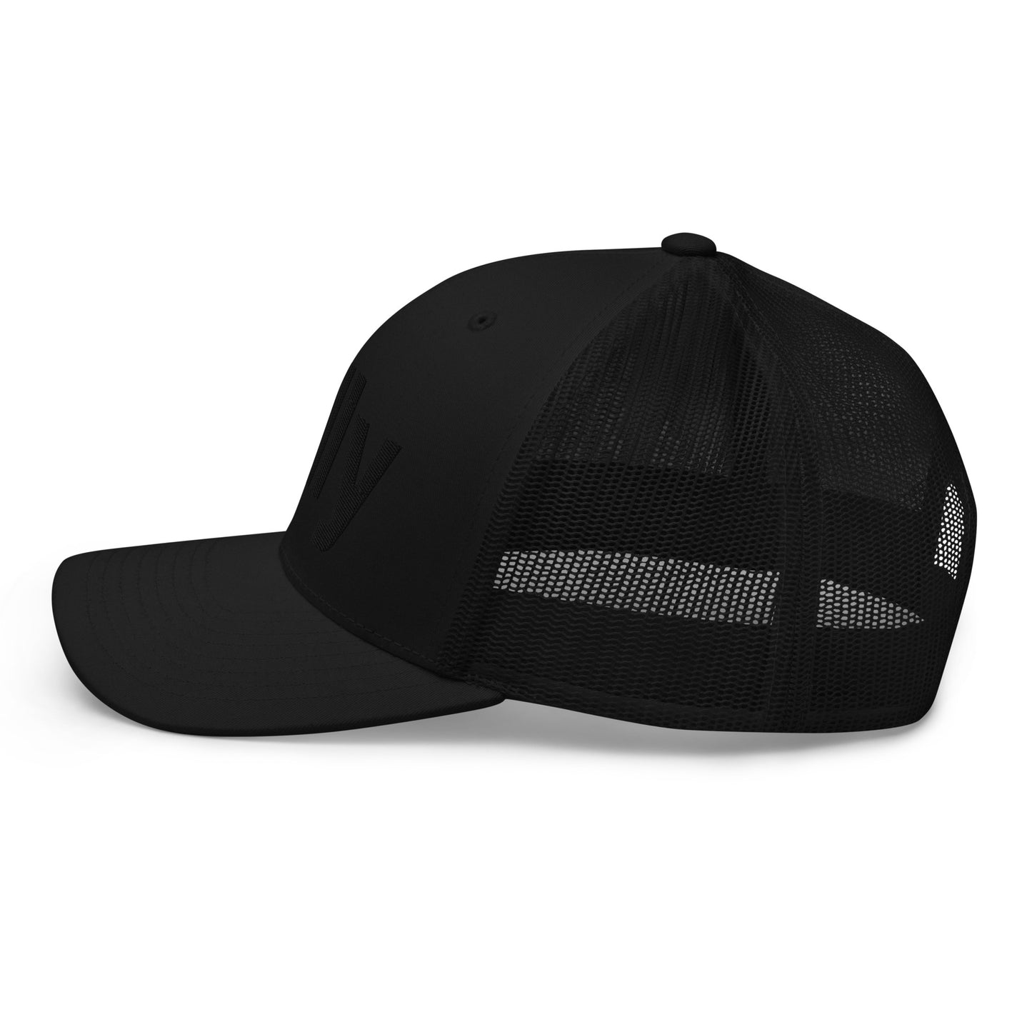 Embroidered black on black jelly trucker