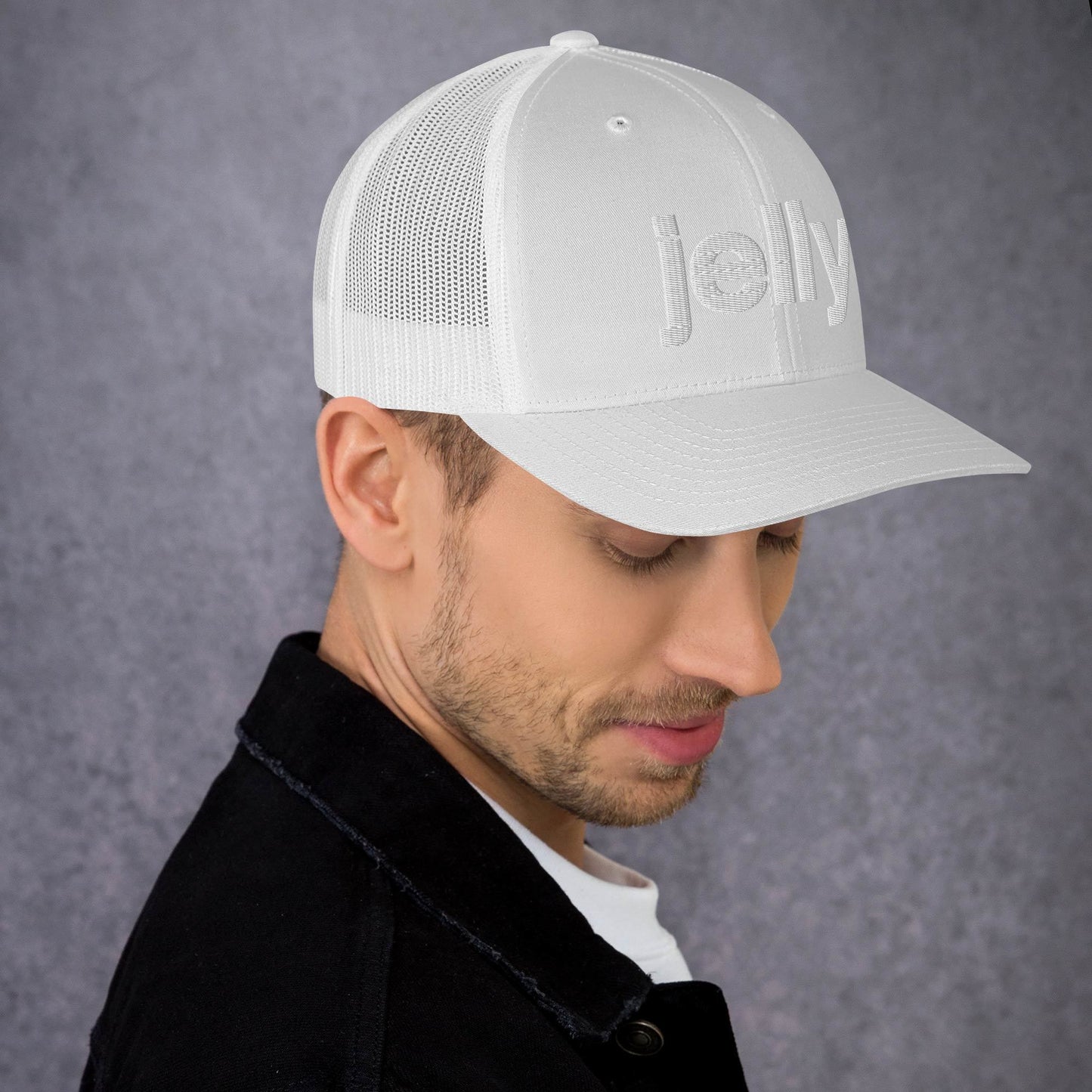 Embroidered white jelly trucker cap